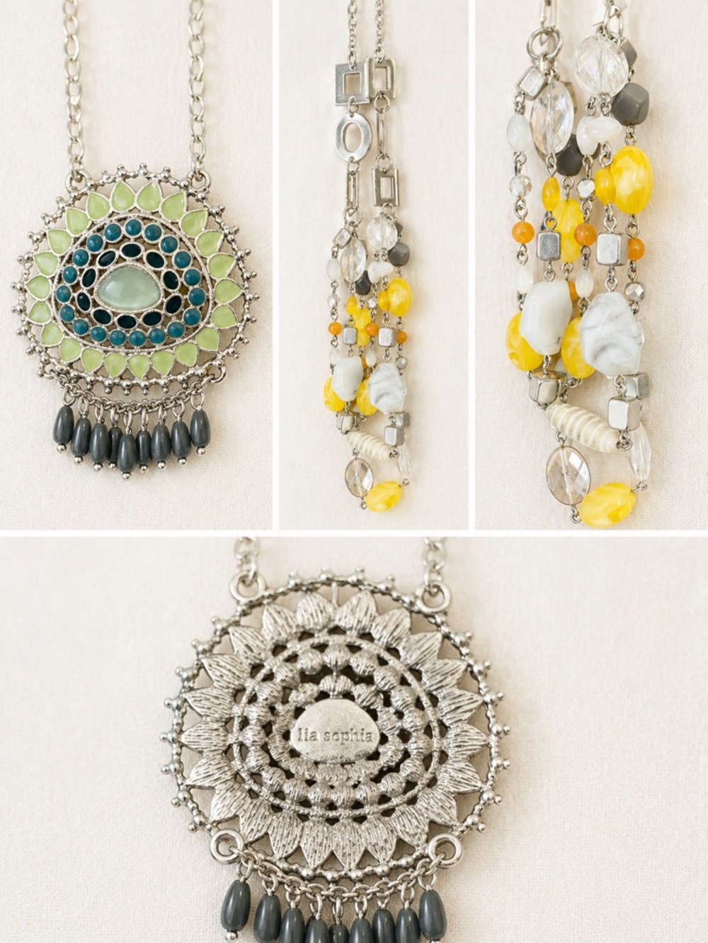 Lia Sophia 2 Necklace Lot Yellow and Green Blue Boho Medallion Statement